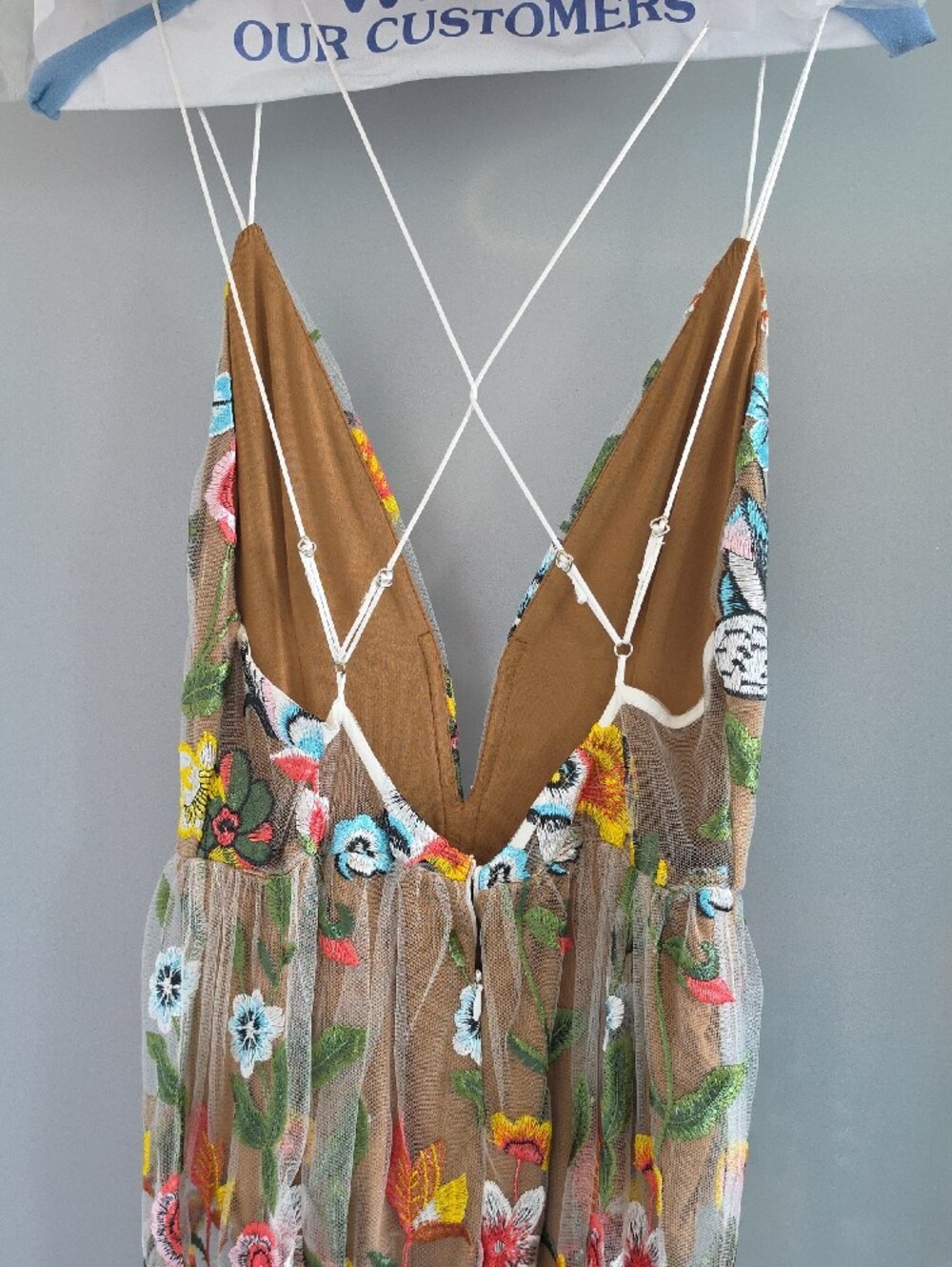 Embroidered Floral Sheer Maxi Dress in Tan with Multicolor Blooms - Picture 4 of 11